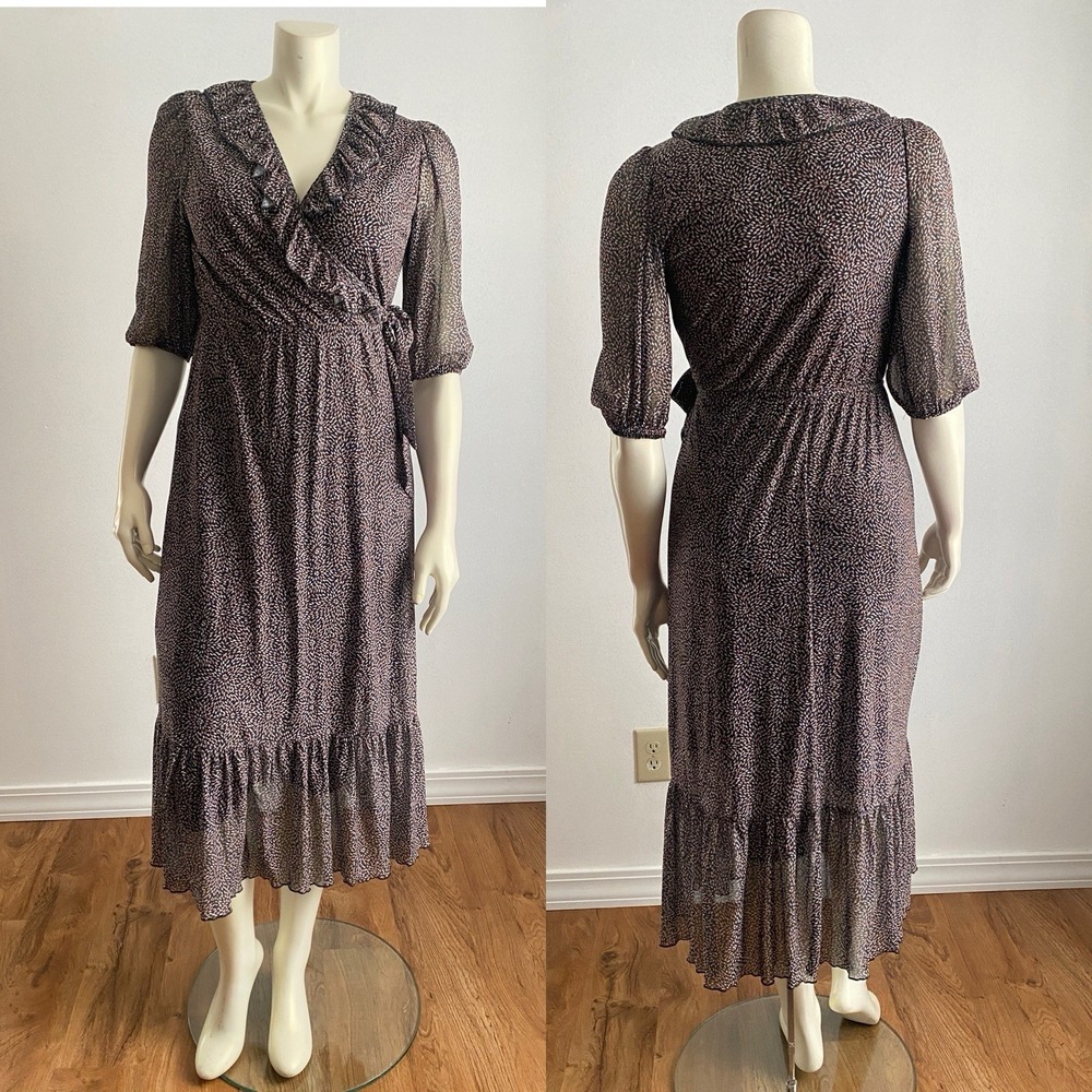 Morgan Taylor Faux Wrap Dress Women Med Black Geometric Leaf Print Long Sleeve